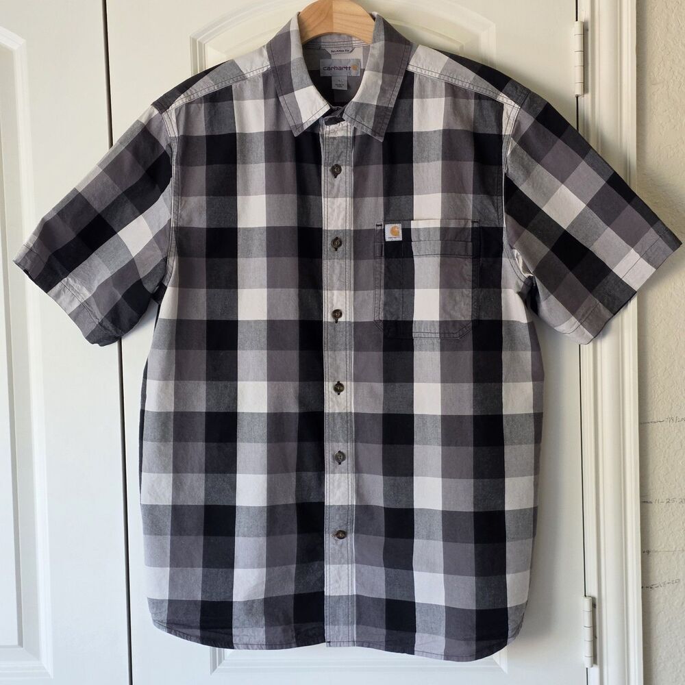 Carhartt Mens L Gray Black Plaid Short Sleeve Button Up Shirt Relaxed Fit